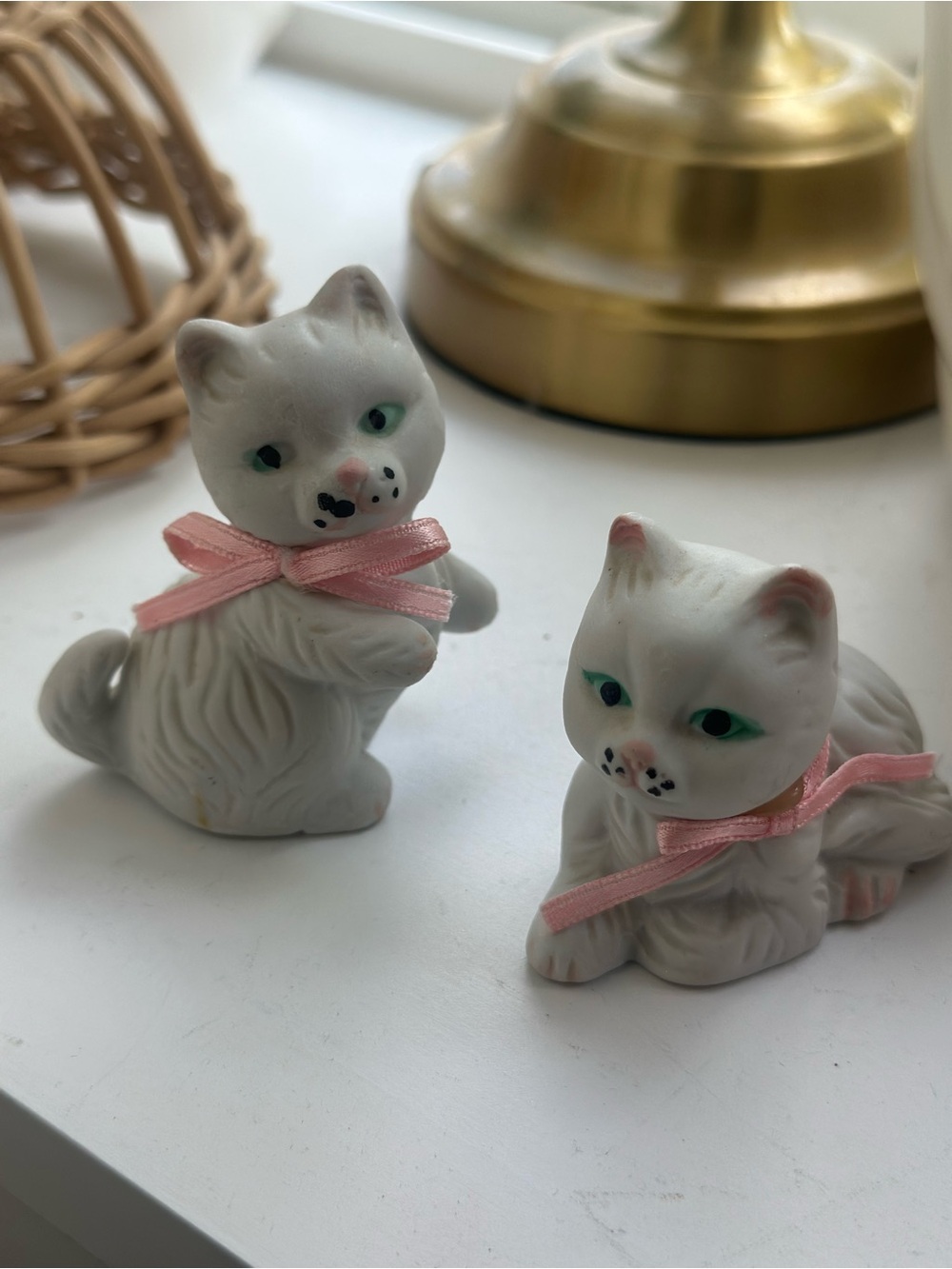 Pair of Vintage White Ceramic Cat Figurines with Pink Bows